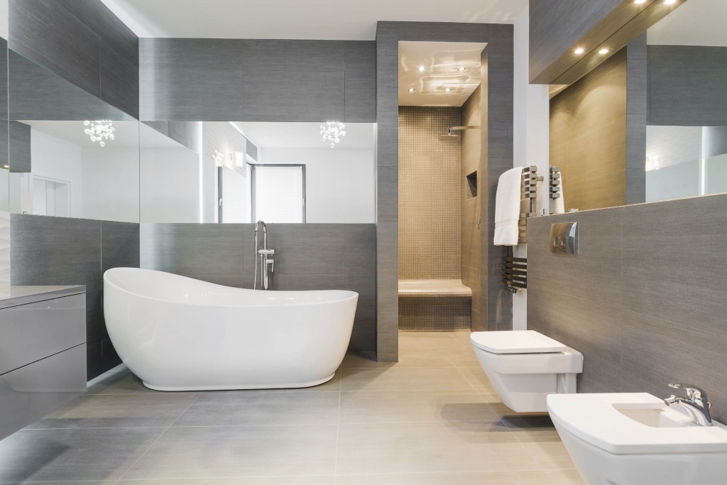 Designed freestanding bath in gray modern bathroom